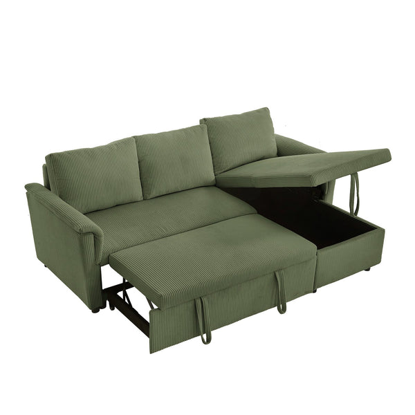 English Elm Loveseat Sectional Sleeper Sofa with Corduroy Tufted Upholstery Storage Chaise Reclining Green W2186S00014