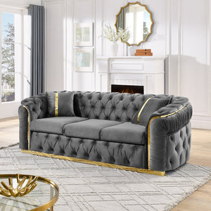 English Elm 2pcs Italian Velvet Chesterfield Sofa Set Tufted Three Seater with Gold Steel Legs Gray W1191S00043