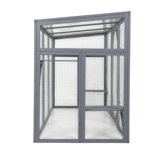 English Elm Outdoor Cedar Cat Enclosure with Polycarbonate Roof Three Platforms and Galvanized Mesh Run W2181P356206