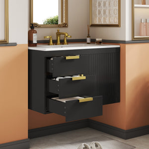 English Elm 30" Wall Mounted Bathroom Vanity with Ceramic Basin Sink, Floating Storage, Soft-Close Doors, Modern Elegance Black N710P324096B