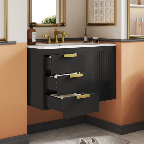 English Elm 30" Wall Mounted Bathroom Vanity with Ceramic Basin Sink, Floating Storage, Soft-Close Doors, Modern Elegance Black N710P324096B