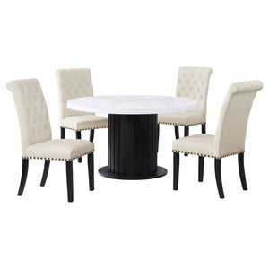 English Elm Sherry Round Marble Dining Set with Scalloped Pedestal and Tufted Linen Chairs, Rustic Espresso Finish Beige B062S01198