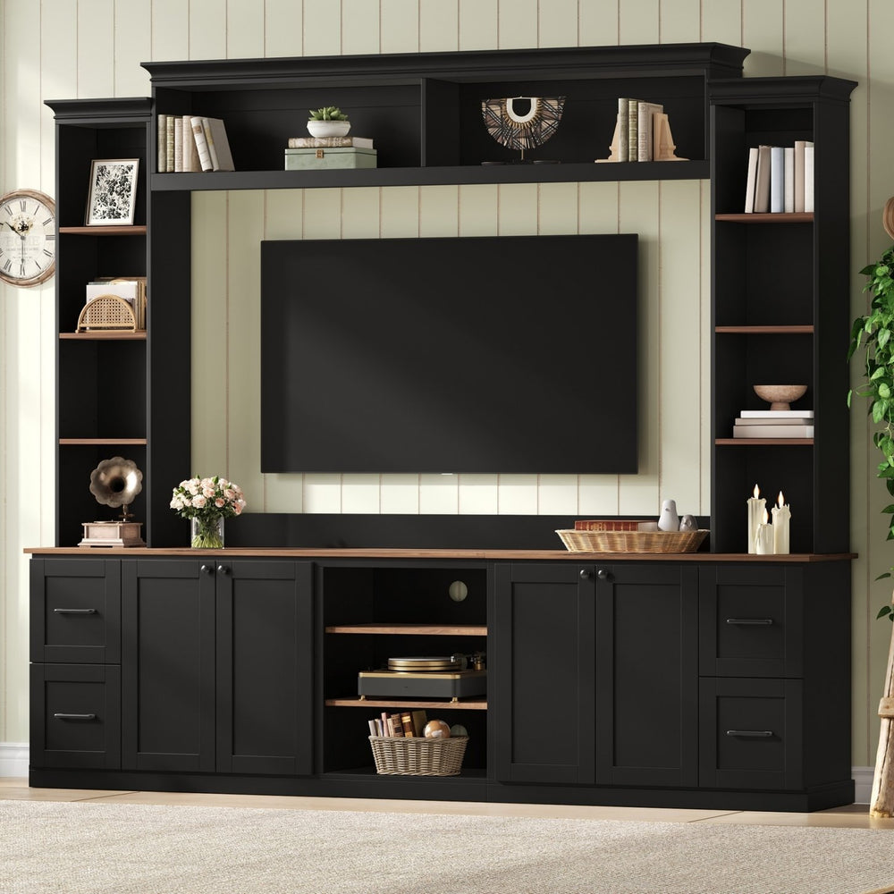 English Elm Unique Low Profile Media Console with Led Lighting Glass Shelves Fits Tvs to 105 Black N721S000077B