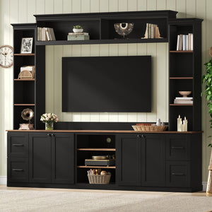 English Elm Unique Low Profile Media Console with Led Lighting Glass Shelves Fits Tvs to 105 Black N721S000077B
