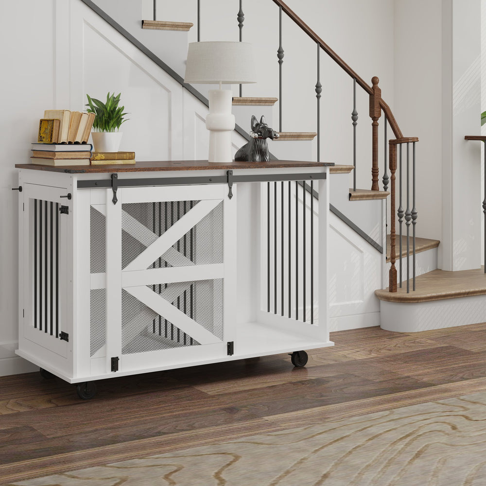 English Elm 47.2" Double Dog Crate Farmhouse Console with Rolling Casters and Barn Doors W2557P330269
