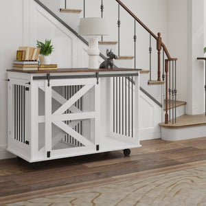 English Elm 47.2" Double Dog Crate Farmhouse Console with Rolling Casters and Barn Doors W2557P330269