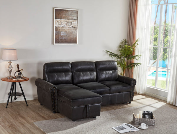 English Elm Sectional Sofa Bed In Black Faux Leather - Stylish Space-Saving Design For Modern Living Spaces B205S00044-GIGA