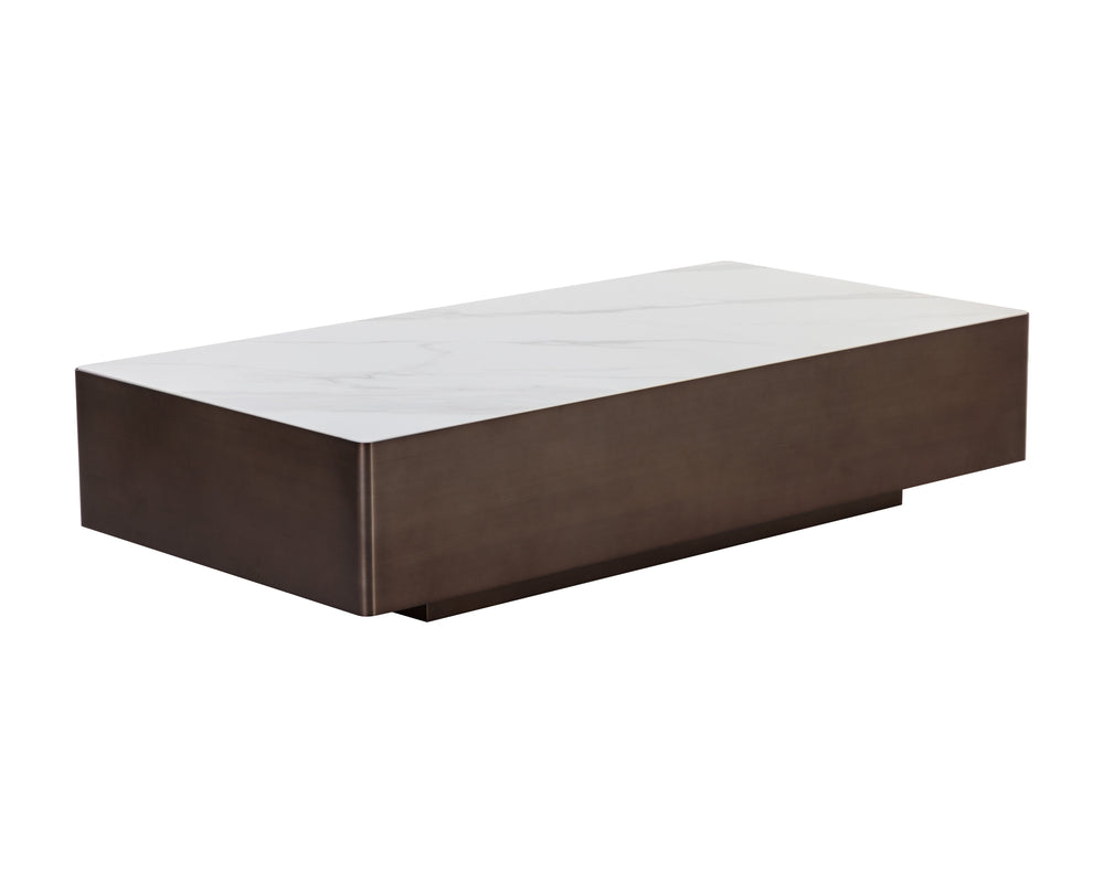 Sunpan Lenay Coffee Table - Modern White Faux Marble Top with Dark Bronze Stainless Steel Base, 66"W