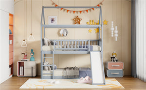 English Elm Twin Over Solid Wood House Bunk Bed with Built-in Slide and Gray Finish LT100213AAE-1