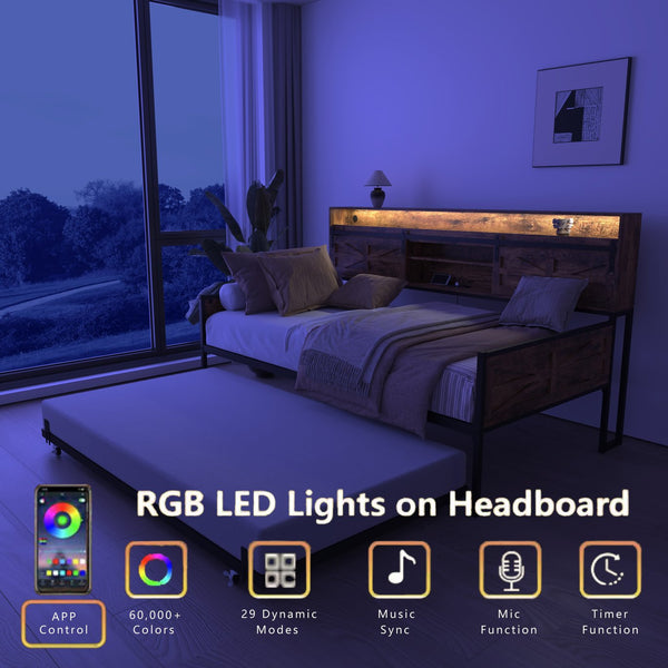 English Elm Twin Daybed with Trundle, Farmhouse Frame w/ Sliding Barn Headboard, LED App Lights & Charging Ports W2129P299618