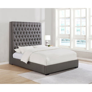 English Elm Copper Tufted Upholstered Queen Panel Bed with 72" Extra-Tall Headboard, Solid Birch Legs, Grey Fabric Finish B062S00704
