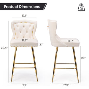 English Elm Bar Stools Set Of 2 In Beige Velvet With Gold Metal Legs, Wing-Back Design For Kitchen & Dining T3623P363044