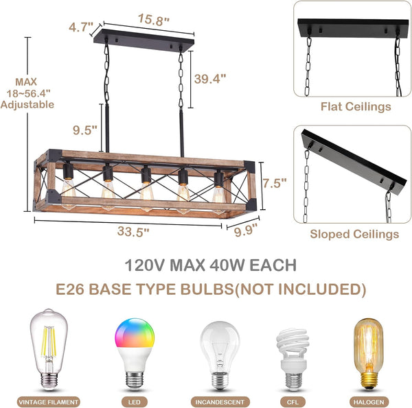 English Elm Farmhouse Linear Chandelier – 5-Light Rustic Dining Room Light Fixture With Solid Wood & Metal Accents W2738P185425