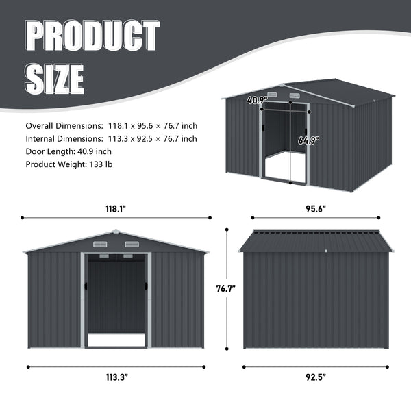 English Elm Outdoor Galvanized Steel Storage Shed 8x10 Ft with Sliding Door and Air Vents W2911S00002