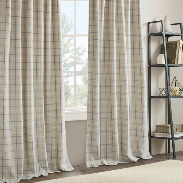 JLA Home Madison Park - Plaid Faux Leather Curtain Panel with Fleece Lining for Insulation, Light Filtering & Privacy - 50" Wide linen blue MP40-8737