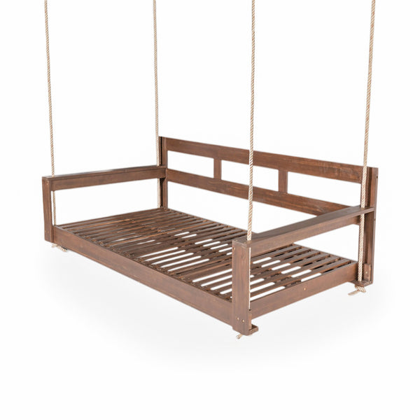 English Elm TOPMAX Acacia Wood Twin Porch Swing Bed Frame with High Back, 350lb Capacity & 118" Hemp Ropes Brown N717P265795D