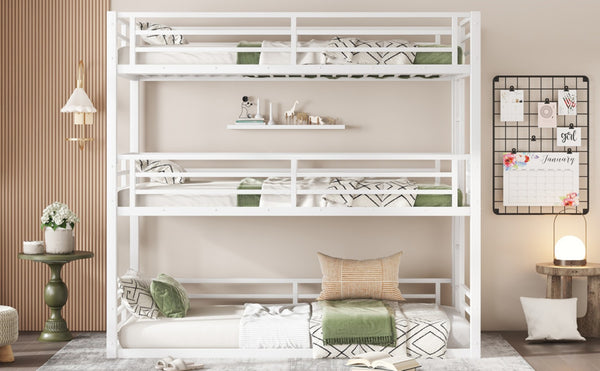 English Elm Twin Xl Triple Bunk Bed - Heavy-Duty Metal Frame With Safety Guardrails & Noise-Reduced Design, White W1580S00165-GIGA