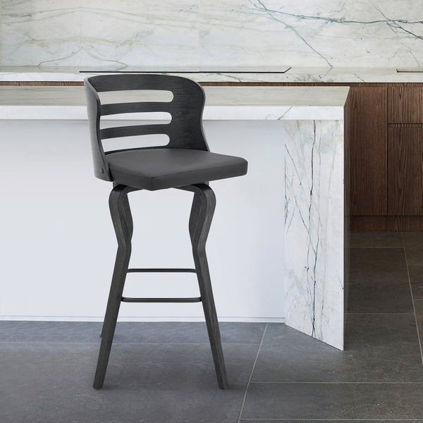 English Elm Lusera 30" Swivel Bar Stool - Gray Faux Leather With Black Wood Base For Modern Comfort & Style B2736P268537