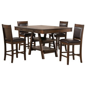 English Elm Ferrara 5-Piece Counter Height Dining Set with Walnut Finish, Faux Leather Brown Chairs & Storage B062S00989