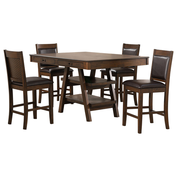 English Elm Ferrara 5-Piece Counter Height Dining Set with Walnut Finish, Faux Leather Brown Chairs & Storage B062S00989