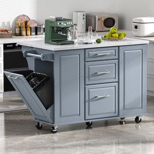 English Elm K&K Vintage Convex Kitchen Island Cart with Faux Marble Top, Tilt Trash, Pull-Out Organizer, Wheels Grey+Blue N707P299008G