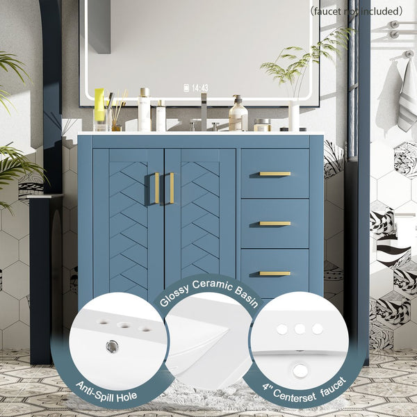 English Elm 36'' Bathroom Vanity with Ceramic Sink Combo Solid Wood Frame Soft-Closing Drawers Ample Storage Elegance Indigo N710P243327M