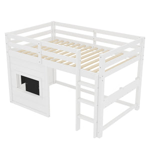 English Elm Twin Loft Bed House Frame with Sliding Chalkboard Built-in Bookshelf and Safety Rails White W1580S00319