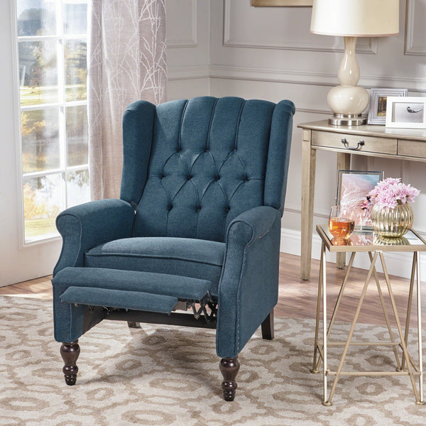 English Elm Charcoal Wingback Pushback Recliner with Button Tufted Diamond Fabric Upholstery Dark Blue N763P410529C