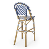 Christopher Knight Home® Noble House 29.5" Outdoor Pe Rattan French Barstool, Navy Blue And White, Aluminum Frame With Bamboo Finish (Set Of 2)