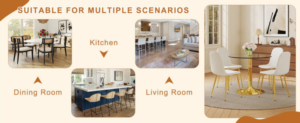 English Elm Table Set: 35" Round Transparent Glass Dining Table & 4 White Linen-Cotton Chairs With Gold Legs W1151S03701-GIGA