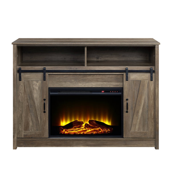 English Elm Rustic Oak Electric Fireplace Console with Sliding Barn Door, 2-Door Storage & Open Display Shelves for Media (51"W x 38"H) B062S00573