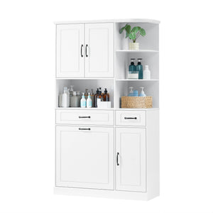 English Elm Tall Freestanding Organizer Cabinet with Tilt-Out Hamper, 2 Drawers, Adjustable Shelves, Modern White MDF Storage N725S352451K