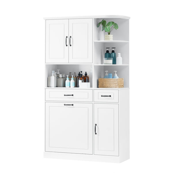 English Elm Tall Freestanding Organizer Cabinet with Tilt-Out Hamper, 2 Drawers, Adjustable Shelves, Modern White MDF Storage N725S352451K