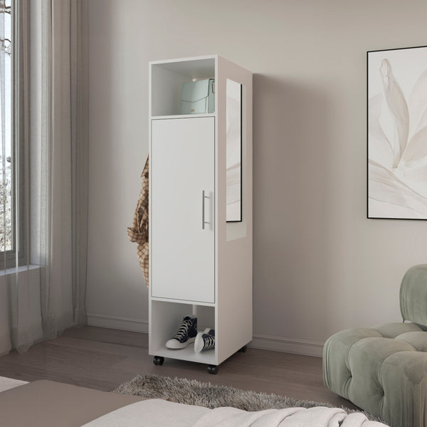 English Elm Armoire 62.9"H With Full-Length Mirror, 3 Shelves, Modern White Design For Stylish Storage Solutions B097P250837
