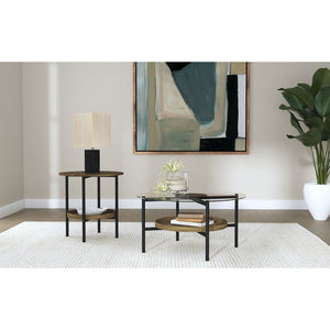 English Elm Kavita Round Farmhouse Side Table with Brown Wood Grain Top, Black Metal Legs & Lower Shelf Storage B062P299907