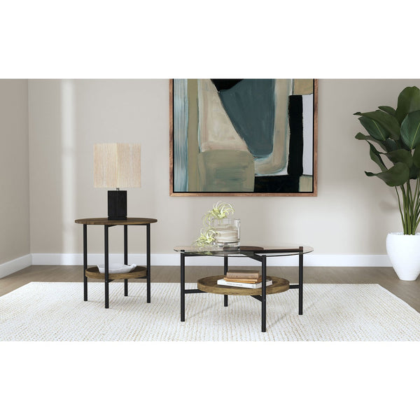 English Elm Kavita Round Farmhouse Side Table with Brown Wood Grain Top, Black Metal Legs & Lower Shelf Storage B062P299907