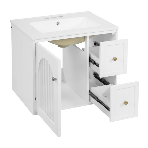English Elm 24" Floating Bathroom Vanity with Ceramic Sink Two Drawers White Mdf Cabinet N710P286704K