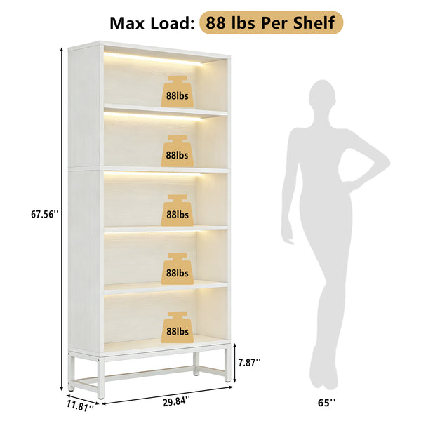English Elm Tall Five Tier Bookcase with Led Shelf Lighting White Mdf Frame Living Room Display W3204P454083