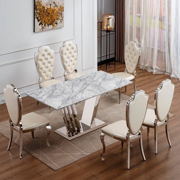 English Elm Marble Dining Table For 6-8 People, Stylish Rectangular Faux Marble Top With Chrome Base Elegance W3456S00022