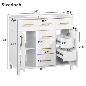 English Elm 36" White Bathroom Vanity Cabinet with Ceramic Sink, Gold Handles, Soft-Close Drawers & Adjustable Shelf N729P204177K