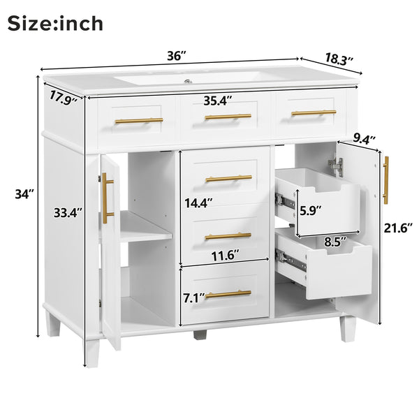 English Elm 36" White Bathroom Vanity Cabinet with Ceramic Sink, Gold Handles, Soft-Close Drawers & Adjustable Shelf N729P204177K