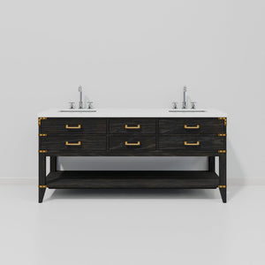 English Elm Black Oak Double Bath Vanity With White Quartz Top & Chrome Faucet Set – Stylish Storage Solution! B2731P261055