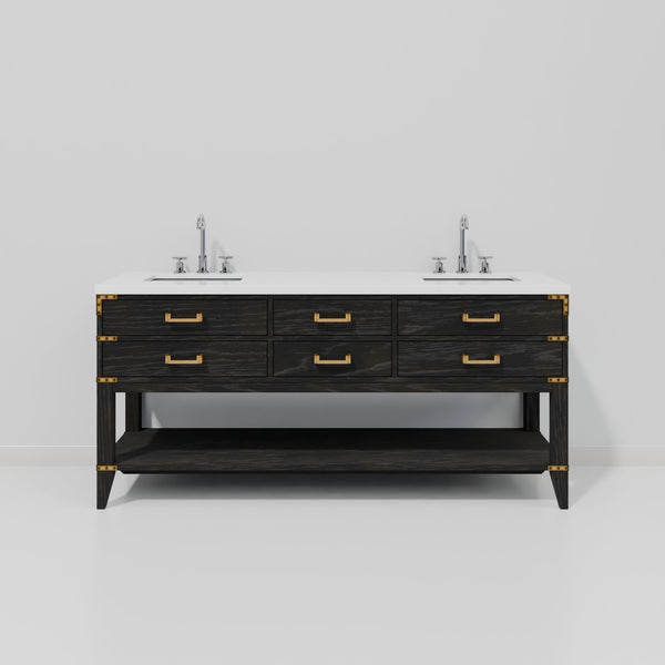 English Elm Black Oak Double Bath Vanity With White Quartz Top & Chrome Faucet Set – Stylish Storage Solution! B2731P261055