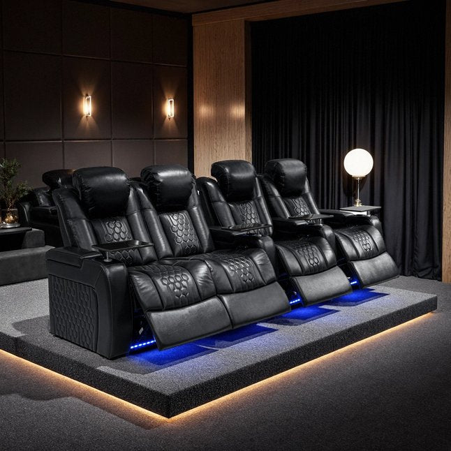 English Elm 124.4"power Reclining Sectional Top-grain Leather Home Theater Set with Rgb Lighting W3819S00096