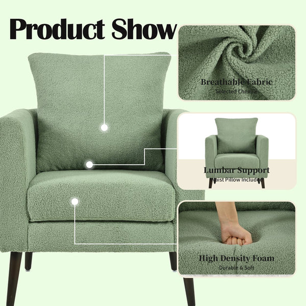 English Elm Modern Accent Chair Upholstered Armchair with Chenille Fabric, Ergonomic Padded Seat, Wood Legs for Living Room Seating Comfort and Stylish Mid Century Flair Green W1028P236497