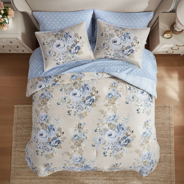 English Elm 5-piece Vintage Floral Comforter Set Twin Reversible Microfiber Bedding Navy Blue B035P408239