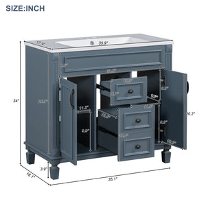 English Elm 36'' Bathroom Vanity with Sink and Mirror Cabinet, Modern MDF & Solid Wood Design, Ceramic Top, Soft-Close Doors Blue SW000115AAC-1