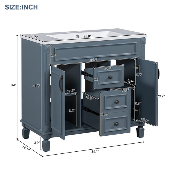 English Elm 36'' Bathroom Vanity with Sink and Mirror Cabinet, Modern MDF & Solid Wood Design, Ceramic Top, Soft-Close Doors Blue SW000115AAC-1