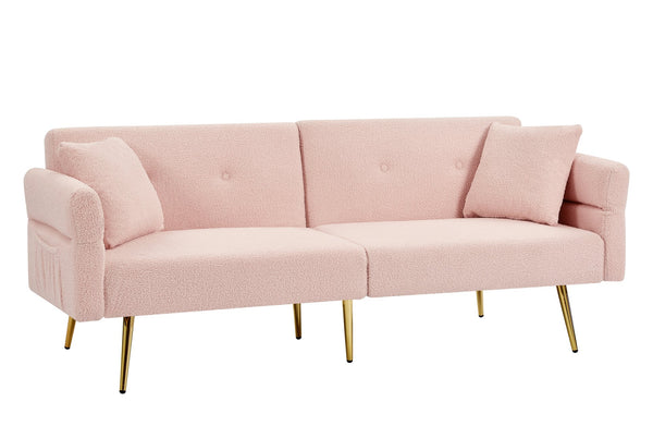 English Elm Modern Teddy Upholstered Loveseat Sofa Bed with Adjustable Backrest, Foldable Armrests & Gold Legs Pink W1117P303443