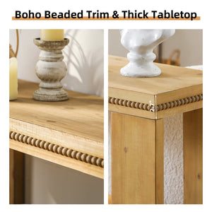 English Elm 63" Natural Wood Boho Console Table with Beaded Edge, 2-Tier Rustic Narrow Sofa Table for Entryways W3306P318859